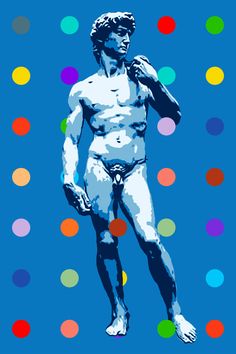 a man with no shirt standing in front of multicolored circles on a blue background