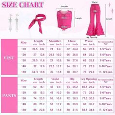 the size chart for children's clothing, including pink pants and top with bows