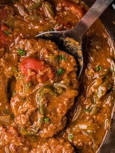 a close up of a spoon in a stew with meat and vegetables on the side