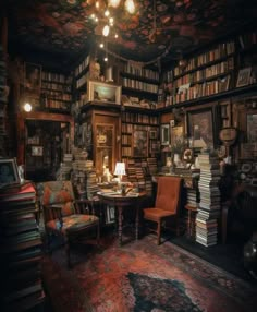 a room filled with lots of books on top of a wooden table next to a chair