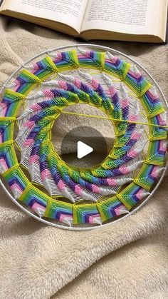 an open book sitting on top of a bed next to a glass plate with colorful designs