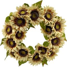 a wreath with sunflowers and green leaves