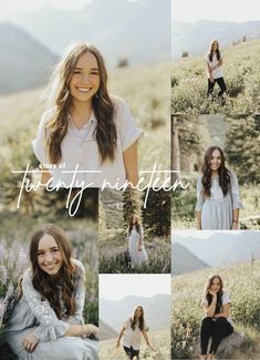 a woman sitting on top of a grass covered field next to mountains and flowers with the words take off monster written above her