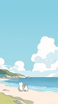 two cats are sitting on the beach looking out at the water and clouds in the sky