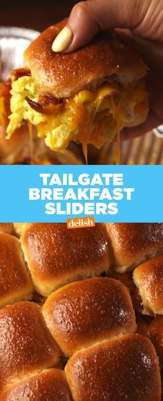 there is a sandwich with eggs and cheese on it, and the text reads tailgate breakfast sliders