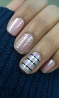 Fun feb nails. A soft pink: essies princess pink in multiple coats and some glitter and stripe accents. Feb Nails, Nail Nail, Essie, Soft Pink, Glitter, Nails, Makeup, Pink, Beauty