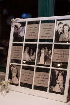 an old window is decorated with photos and ribbons for the wedding guests to take pictures