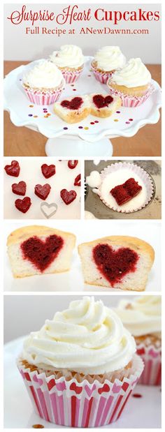 cupcakes with white frosting and red hearts on them are arranged in the shape of heart