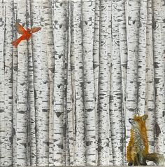 an orange bird flying over a forest filled with white birch trees and a red fox