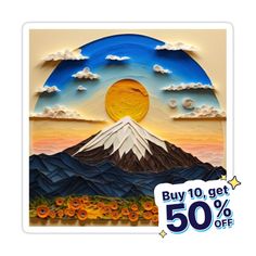 a sticker with an image of the sun setting on top of a mountain and clouds in the sky