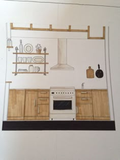 a drawing of a kitchen with an oven, stove and countertop space in it