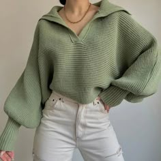 Green Inspo, Autumn Outfit Inspo, Cute Jumpers, Johnny Collar, Style Of Clothing, Puff Sleeve Sweater, Cropped Pullover, Aesthetic Outfit Ideas, Winter Pullover