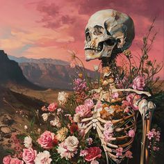 a painting of a skeleton with flowers in the foreground and mountains in the background