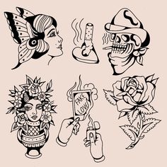 four different tattoo designs on a white background