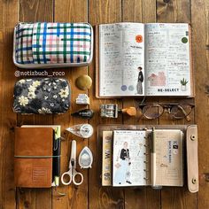 an open book sitting on top of a wooden floor next to other items and accessories