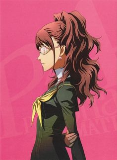 an anime character with long hair and glasses on her head, standing in front of a pink background