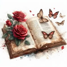 an open book with roses and butterflies on it