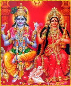 two deities sitting next to each other on a red background