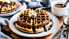 two plates with waffles and bananas on them next to a cup of coffee