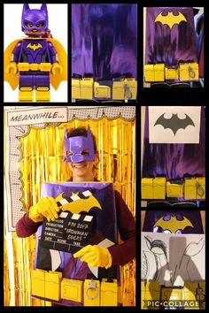 the lego batman movie costume is being displayed in front of other pictures and instructions for how to make it