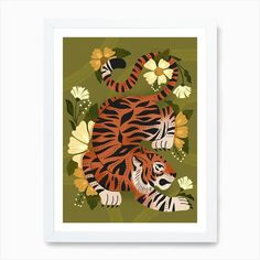 a tiger surrounded by flowers on a green background