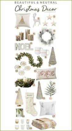 christmas decor is displayed on a white background with green trimmings and other holiday items