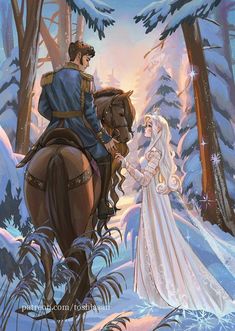 a painting of a man and woman riding horses in the snow