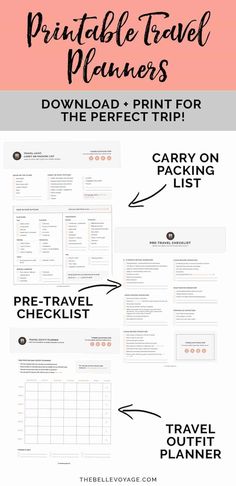 the printable travel planner is shown in black and white with text that reads, free print