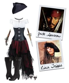 a doll dressed in pirate clothing and boots with pictures on the wall next to it