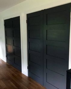 three black doors in a white room with hardwood floors and hard wood flooring on the side