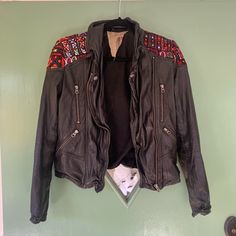 Reposhing This Item I Purchased From @Thrifty_sweets. Loved It, But Ready To Rotate For Something New. Questions? Leave A Comment Below! Embroidered Leather Jacket, Embroidered Leather, Free People Jacket, Free People Black, Blazer Suit, Something New, Black Red, Suit Jacket, Free People