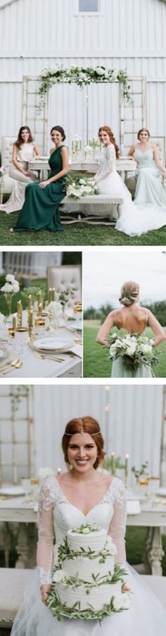 the bride and groom are sitting at their wedding reception table in front of an old white barn