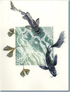 two koi fish are swimming in the water with green and white designs on it