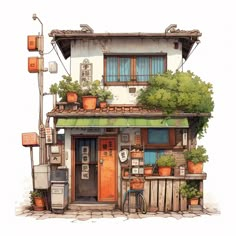 AI・植木鉢の有る一般住宅 Old Japanese House Drawing, Drawing Japanese House, Japanese Shop Front Design, Japan House Exterior, Modern Japanese House Exterior, Japanese Architecture Drawings, Japanese House Exterior, Old Japanese House, Japanese Homes