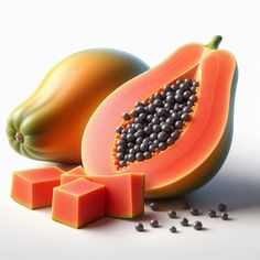 a sliced papaya, cubes of black seeds and pieces of mango on a white background