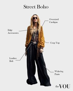 Bohemian Wide Leg Pants Outfit, Boho Punk Fashion, Rachel Zoe Style Outfits Boho, Oversized Boho Outfit, Bohemian Goth Fashion, Boho Celebrity Style, Edgy Bohemian Style, Street Boho Style, Boho Punk Style