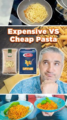 an advertisement for pasta is shown with two men in front of it and the caption says, expensive vs cheap pasta