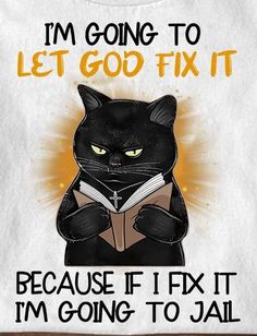 a black cat reading a book with the words i'm going to let god fix it