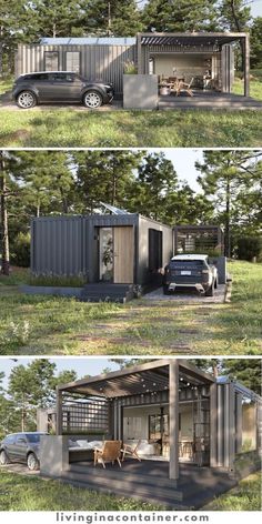 three different views of a car parked in front of a house made out of shipping containers