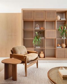 a living room filled with furniture and shelves