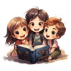 three children are reading a book together