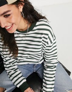 T-shirt by ASOS DESIGN Part of our responsible edits Stripe print Crew neck Drop shoulders Relaxed fit Khaki Fashion, Cuff Detail, T-shirts & Tank Tops, T Shirt Vest, Stripe Print, Fitness Models, Latest Trends, Tops Designs, Asos