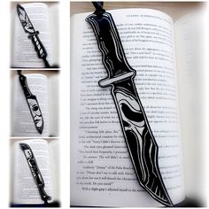 an open book with four different images of a knife on it's side, and the same one in black and white