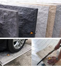 the process of painting stone walls and flooring is shown in three different pictures, including one