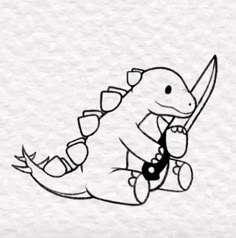 a drawing of a dinosaur with a knife in its mouth and wearing a bow on it's head