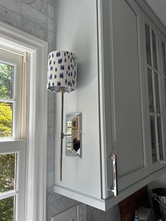 a lamp is on the side of a kitchen cabinet