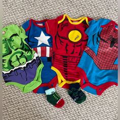 Spider-Man, Captain America, Hulk, Iron Man Baby Boy Short Sleeve Onsie. Never Worn. And 2 Pairs Of Baby Socks Baby Socks, Hulk, Captain America, Iron Man, Avengers, Spiderman, Blue Green, Cricut