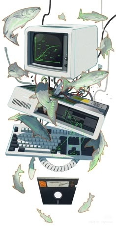 an old computer surrounded by fish and wires