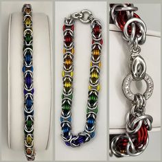 three different types of bracelets with various colors and designs on each one, including red, yellow, green, blue, and silver