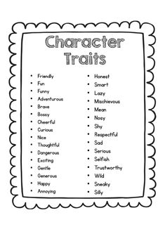 a black and white poster with the words character traits on it's front page